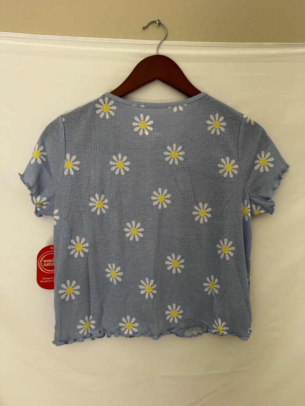 Wonder Nation Daisy Print Top XL 14-16 Blue Ribbed Knit